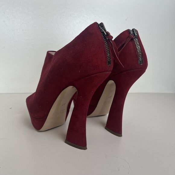 Miu Miu Peep Toe Platform Booties 7 37 Wine Red Suede Funky High Heels Statement - Picture 9 of 12